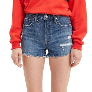 NWOT Levi’s 501 Medium Dark Wash Distressed Denim Shorts with Button Fly